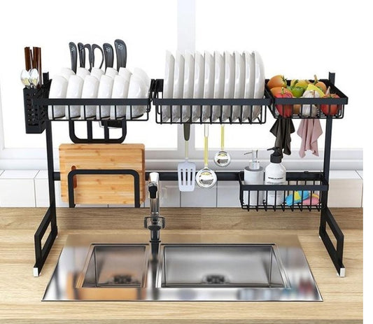 Stainless Steel Over‑Sink Dish Drying Rack – Space‑Saving Kitchen Organizer with Knife Holder & Storage Basket