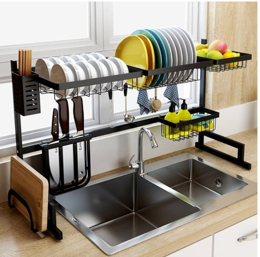 Stainless Steel Over‑Sink Dish Drying Rack – Space‑Saving Kitchen Organizer with Knife Holder & Storage Basket
